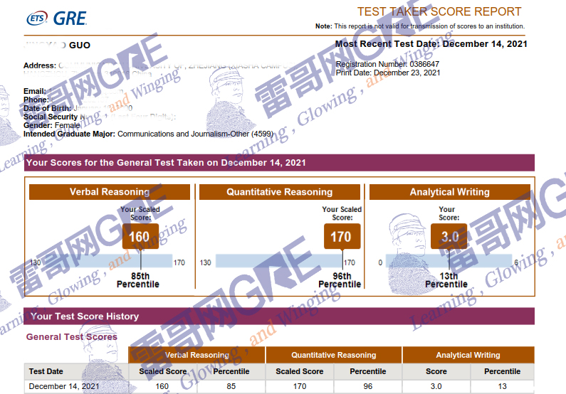 雷哥GRE学员郭同学出分330(160+170)