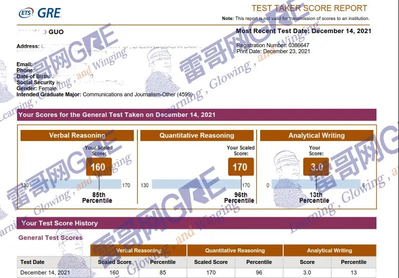 雷哥GRE学员郭同学出分330